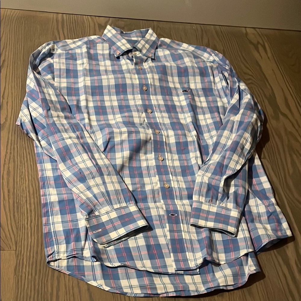 Vineyard Vines Men's Blue White and Pink Button Down Plaid Shirt